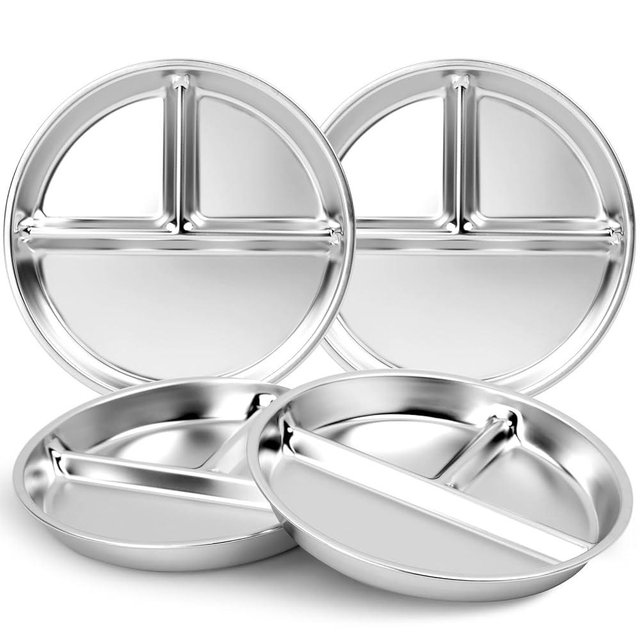 Bakpoco Stainless Steel Kids Plates 4 Packs, Deepened 9" Portion Control Plate Divided Plate for Toddlers Adults Family Bariatric Weight Loss & Diabetic Diet, Non Toxic Unbreakable Dinner Dishes