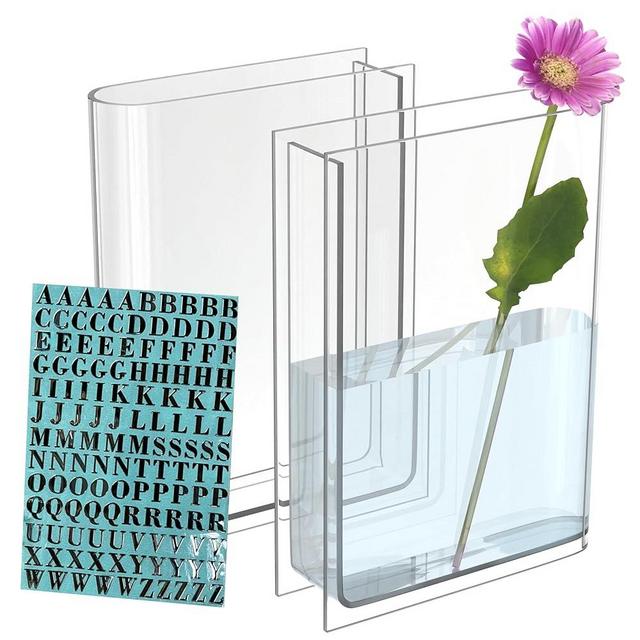 2 Pack 8" Clear Book Vase for Flowers, Room Decor, Aesthetic Artistic and Decorative Acrylic Vase (Clear)