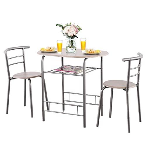 Giantex 3 Piece Dining Set Compact 2 Chairs and Table Set with Metal Frame and Shelf Storage Bistro Pub Breakfast Space Saving for Apartment and Kitchen (Beech)