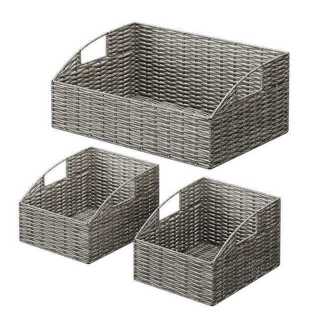 Ollieroo Rattan Storage Baskets, Handwoven Wicker Storage Bins with Built-in Handles, Storage Container Baskets for Shelves, Bedroom, Bathroom, Laundry Room or Kitchen(Grey)