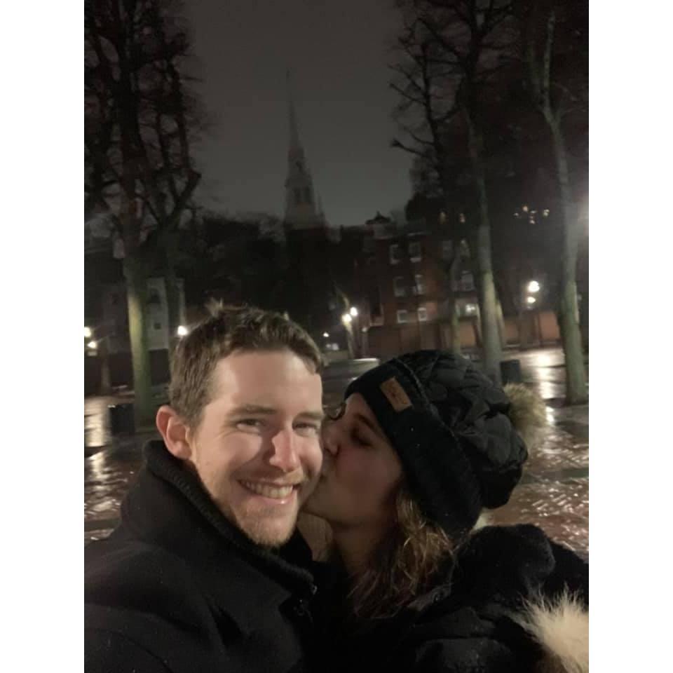 Celebrating after our engagement in the Paul Revere Mall in the North End of Boston, December 13th, 2019.