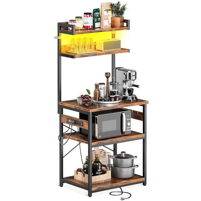 Casaottima Bakers Rack with Power Outlet & LED Lights, Coffee Bar with Storage 5-Tiers, Microwave Stand Kitchen Shelf 16.5 * 23.6 * 59 inches, Kitchen Coffee Rack, Rustic Brown