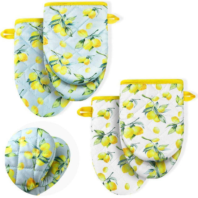Geyoga 4 Pack Lemon Mini Oven Mitt Decoration Lemon Kitchen Mitts Small Cotton Pot Holders Summer Heat Resistant Potholder for Baking Barbecue Kitchen Gift