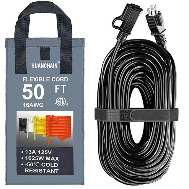 Indoor Outdoor Black Extension Cord 50 ft Waterproof, 16/3 Gauge Flexible Cold-Resistant Appliance Extension Cord Outside, 13A 1625W 16AWG SJTW, 3 Prong Heavy Duty Electric Cord, ETL HUANCHAIN