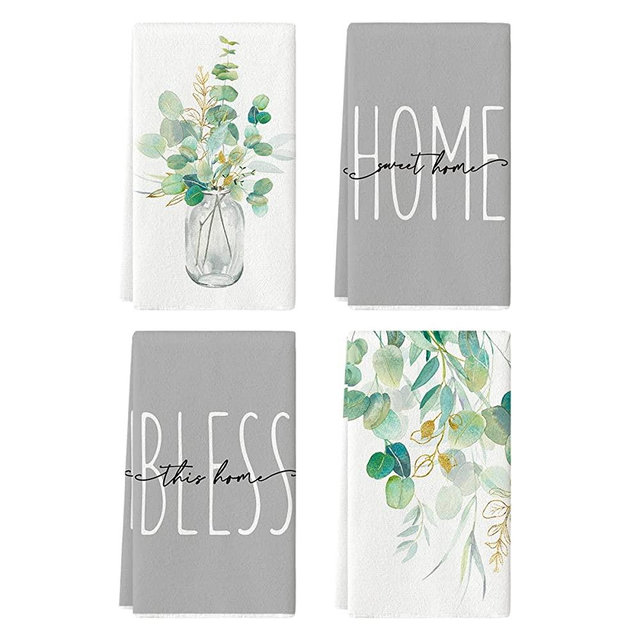 Artoid Mode Eucalyptus Gold Leaves Summer Kitchen Towels Dish Towels, 18x26 Inch 18x26 Inch Seasonal Spring Decoration Hand Towels Set of 4