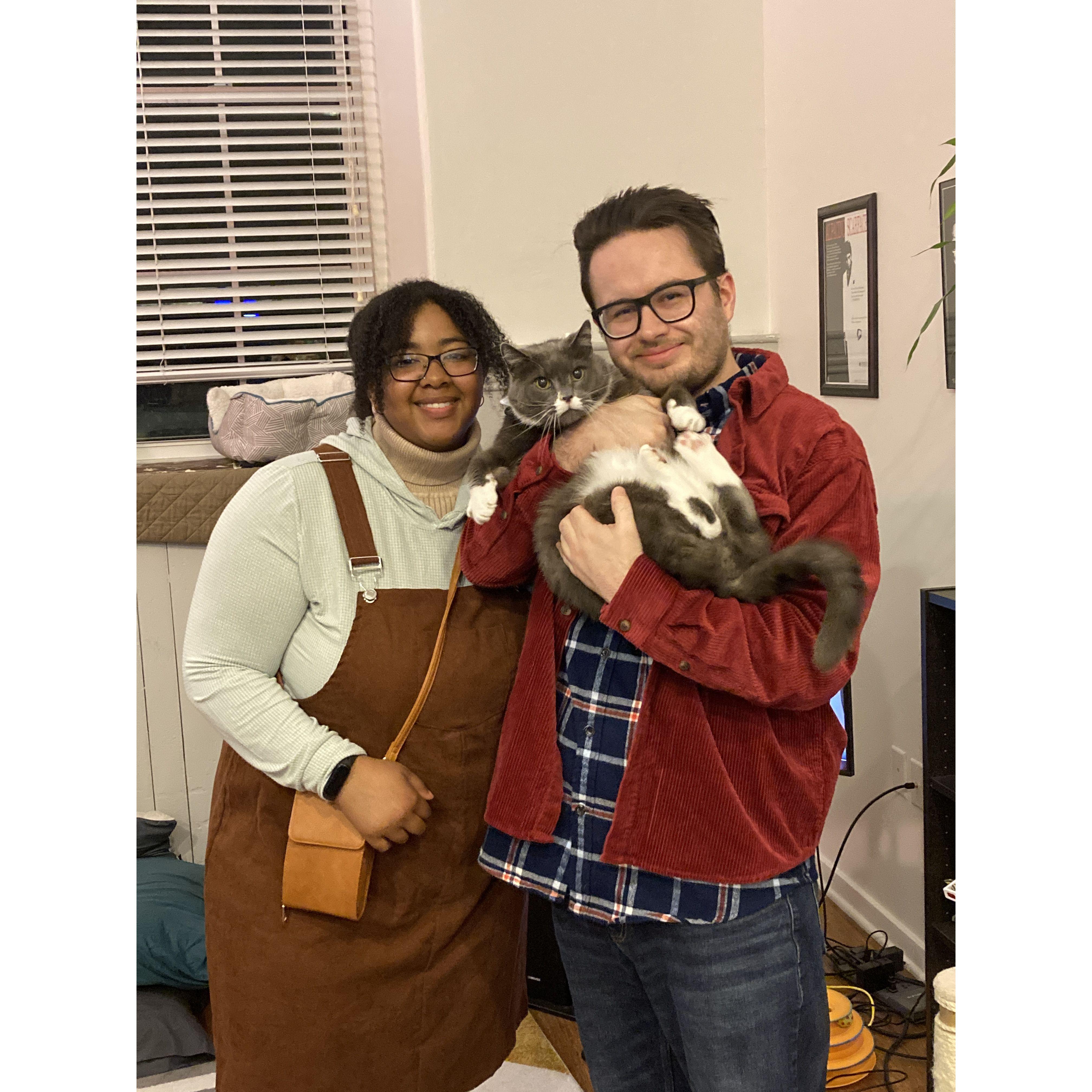 Matt and Cierra and Mr. Grady dressed as characters from The Shining for Halloween. Mr. Grady gets his name from this film!
