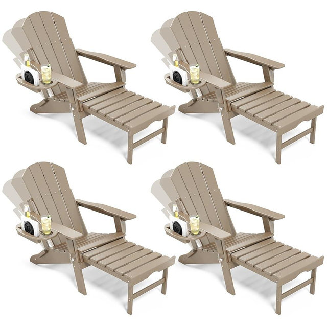 NAVINE Adjustable Adirondack Chair with Retractable Ottoman Set of 4, HDPE Folding Adirondack Chair with Cup Holder, All Weather Fire Pit Chair for Outdoor.