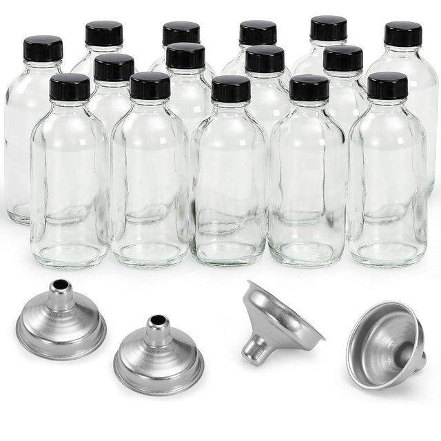 15 Pack, 4 oz Small Clear Glass Bottles with Lids & 4 Stainless Steel Funnels - 120ml Boston Sample Bottle for Potion, Juice, Wellness, Ginger Shots, Whiskey, Liquids - Mini Travel Essential Bottles