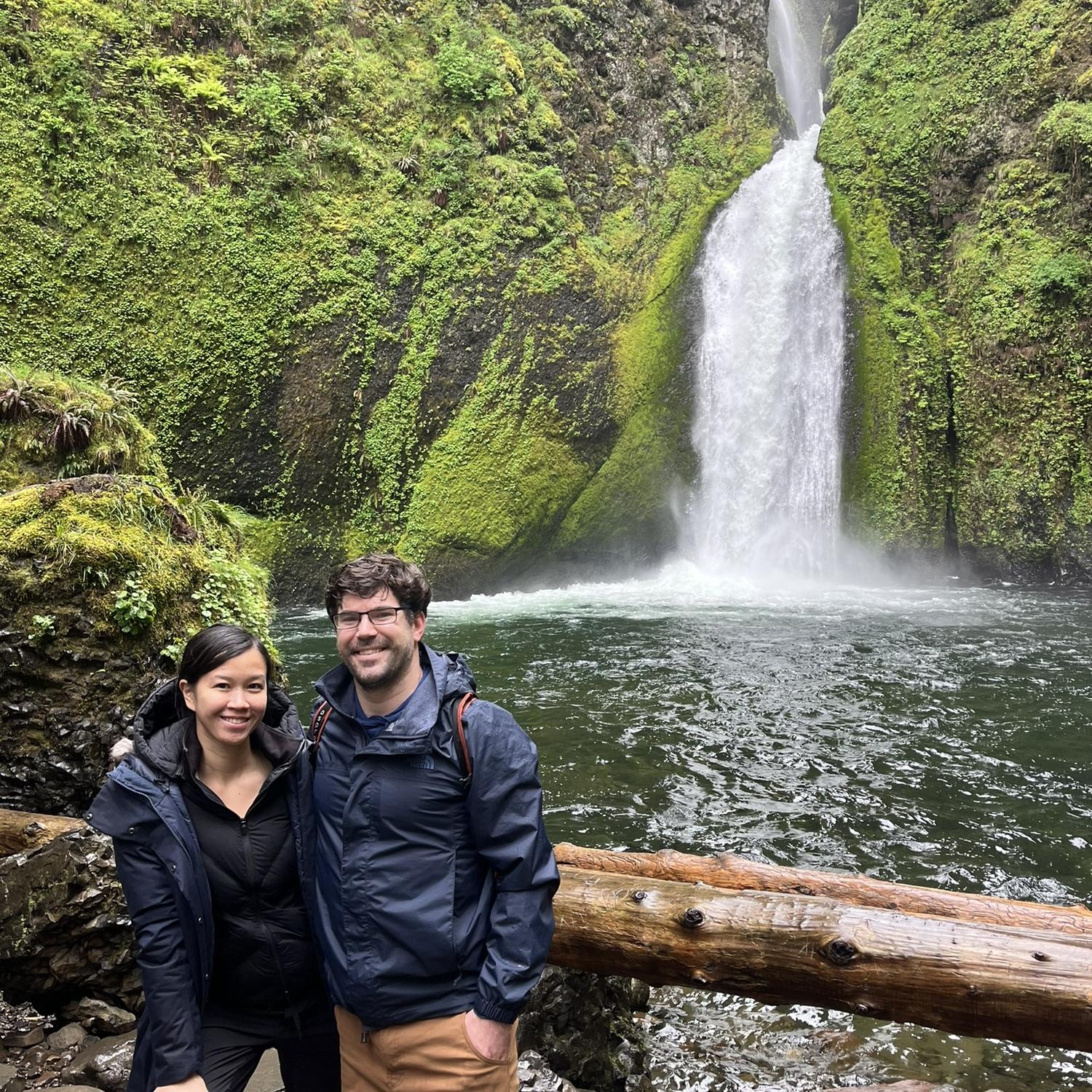 Oregon waterfalls and us against the chill.