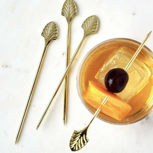 Viski Gold Art Deco Cocktail Picks, Stainless Steel Cocktail Picks for Drinks, Garnish Picks, Cocktail Skewers, Barware Accessories, 5in, Set of 4