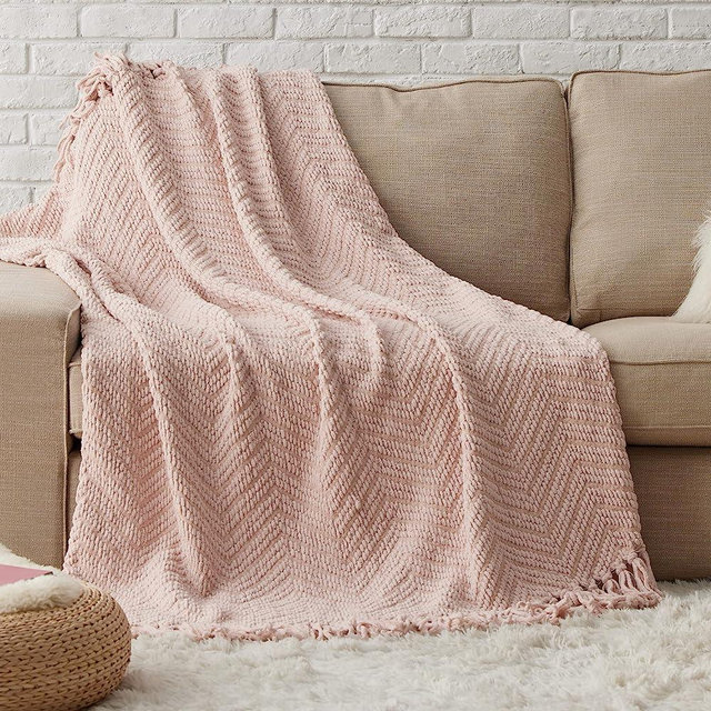 Bedsure Pink Throw Blanket for Couch – Versatile Knit Woven Chenille Blanket for Chair, Super Soft, Warm & Decorative Blanket with Tassels for Bed, Sofa and Living Room (Pink, 50 x 60 inches)