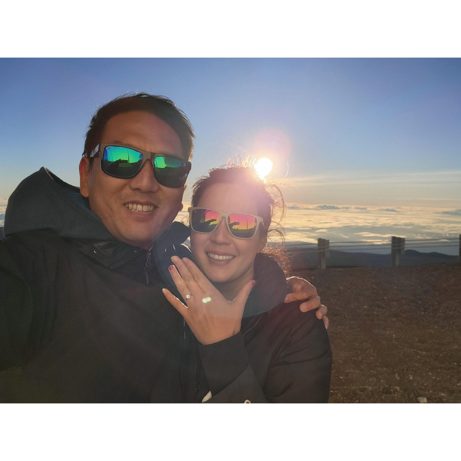 Daniel popped the question at the highest point in Hawai'i with winds gusting at 65 miles/hr. When I answered, "yes!", he said, "it's all downhill from here"🤣.