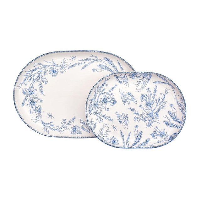 Bico Blue Garden Toile De Jouy 16 plus 12 inch Oval Platters Set, Set of 2, Microwave and Dishwasher Safe, for Serving Fish, Chicken, Turkey