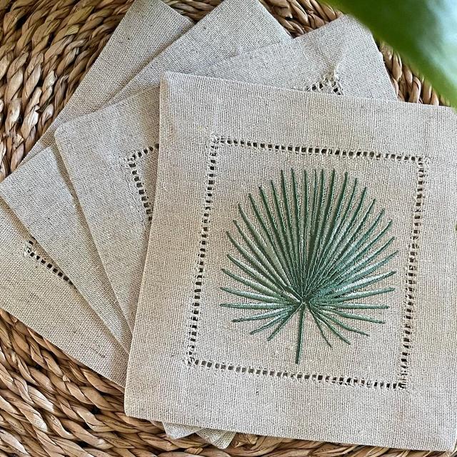 Palm Frond Natural Linen Cocktail Napkins-Embroidered