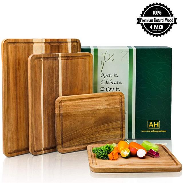 Acacia Wood Cutting Boards Set of 4 for Kitchen with Juice Groove and Handles, Reversible Thick Butcher Block Chopping Board (16x12, 14x10, double 11x8 inch) by AzrHom