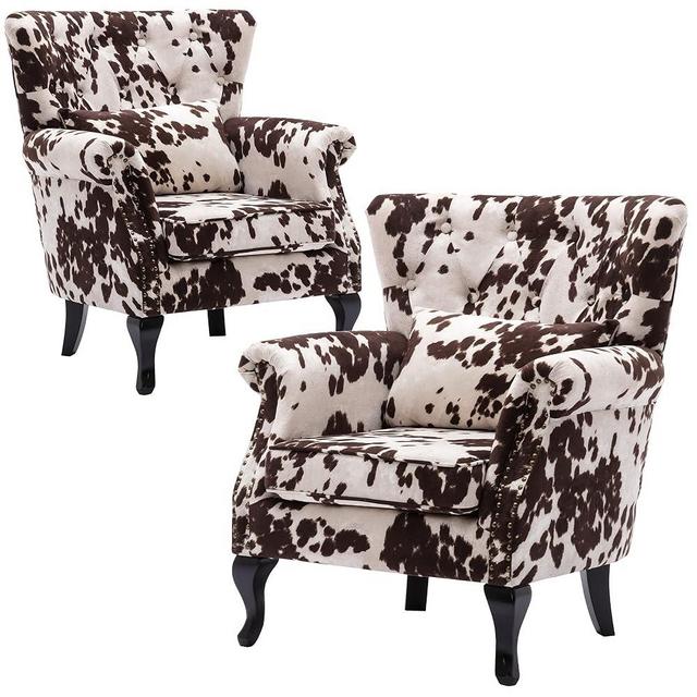 DM Furniture Set of 2 Mid-Century Modern Accent Chair, Velvet Armchair w/Tufted Back/Wood Legs, Upholstered Lounge Arm Chair Single Sofa for Living Room Bedroom, Cow Print