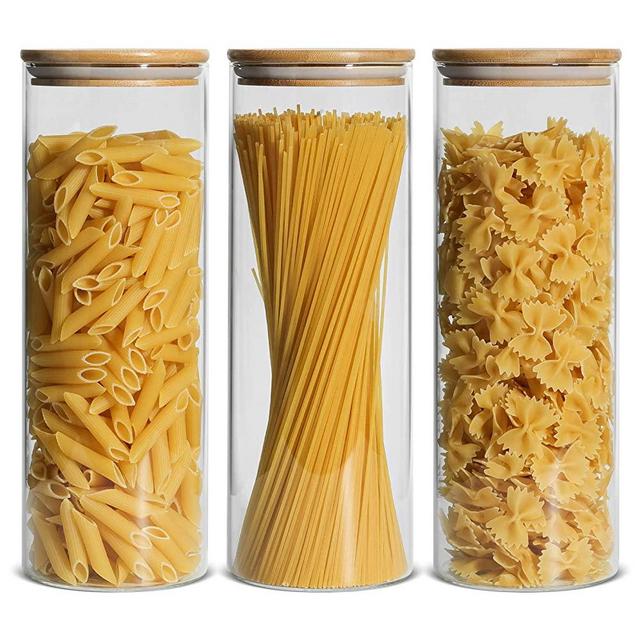 ComSaf Glass Spaghetti Pasta Storage Container with Lids 74oz Set of 3, Tall Clear Airtight Food Storage Jar with Bamboo Cover Kitchen Pantry Storage Container for Noodles Flour Cereal Coffee Beans