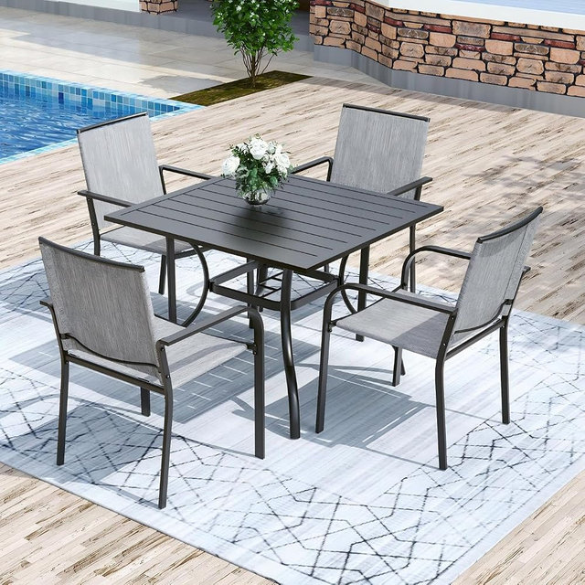 Anmutig 5 Pieces Patio Dining Set, Outdoor Furniture Set Includes 1 Square Patio Table and 4 Stackable Patio Chairs, Outdoor Table and Grey Chairs for Garden Backyard Deck