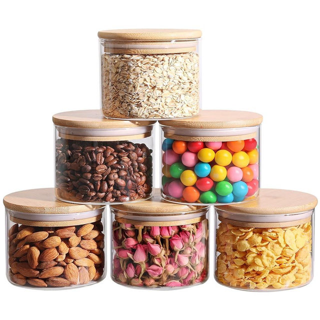 ComSaf 15oz Glass Food Storage Jars Set of 6, Clear Glass Storage Containers with Bamboo Lids, Pantry Organization Jar, Spice, Salt, Blooming Tea, Coffee and Sugar Container, Small jar Set for Kitchen
