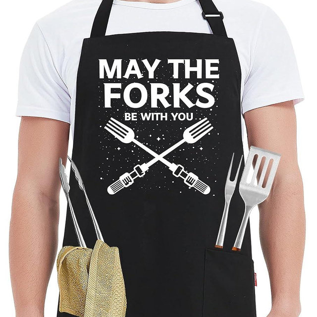 Kaidouma Funny Grill Aprons for Men - May The Forks Be With You - Men’s Funny Chef Cooking Grilling BBQ Aprons with 2 Pockets - Birthday Father’s Day Christmas Gifts for Dad, Husband, Movie Fans