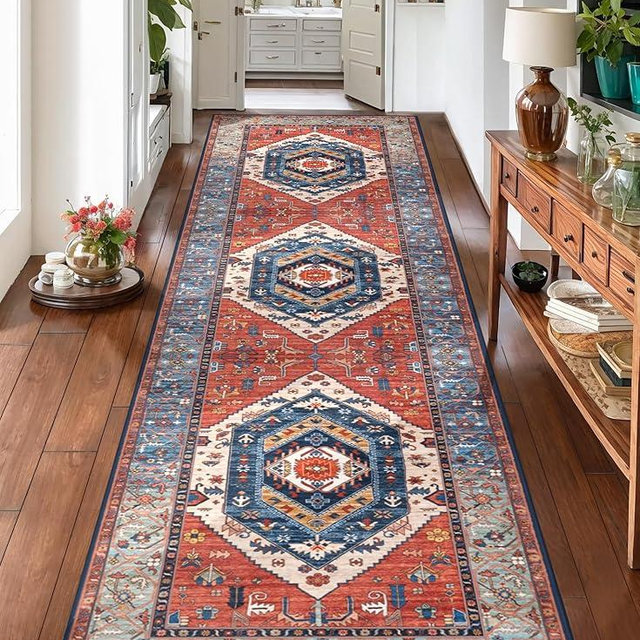 SERISSA Runner Rug for Hallways, 2'6"x8' Washable Non Slip Boho Kitchen Runner Rug, Vintage Rust Ultra Soft Print Distressed Tribal Floor Carpet for Bedroom Bathroom Laundry Room