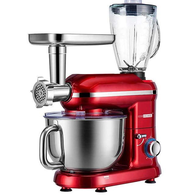 VIVOHOME 3 in 1 Multifunctional Stand Mixer with 6 Quart Stainless Steel Bowl, 650W 6-Speed Tilt-Head Meat Grinder Juice Blender, Red