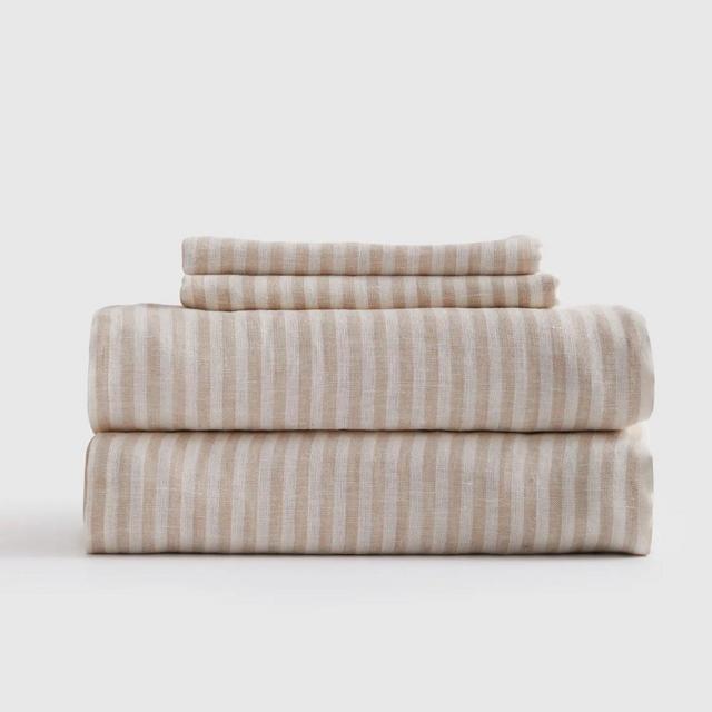 Linen Sheets in Natural/White Stripe in King Size with Flat Sheet | Quince