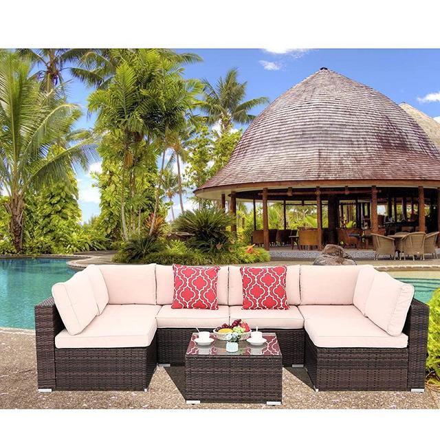 Polar Aurora 7 Pieces Outdoor Patio Sofa Set PE Rattan Wicker Sectional Furniture Outside Couch w/Washable Seat Cushions & Modern Glass Coffee Table