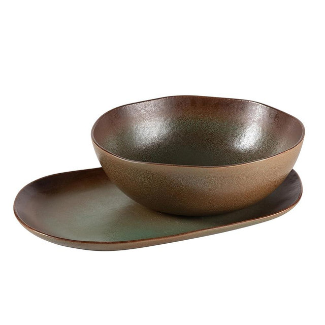 Bloomhouse - Oprah's Favorite Things - Palermo Sun 2 Piece Serving Bowl and Oval Platter Stoneware Reactive Glaze Serveware Set - Cardamom Green