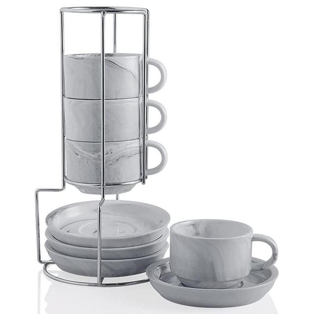SWEEJAR Porcelain Espresso Cups with Saucers, 4 Ounce Stackable Cappuccino Cups with Metal Stand for Coffee Drinks, Latte, Tea - Set of 4 (Grey/White)