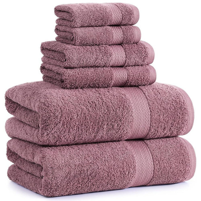 LANE LINEN 100% Mercerized Cotton Bathroom Towel Set - 6 Pcs - Ring Spun, Fluffy, Soft & Highly Absorbent - 2 Bath, 2 Washcloths, 2 Hand Towels - Avaialable in Wide Variety of Colours - Wishful Mauve