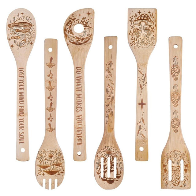 GLOBLELAND 6Pcs Mushroom Bamboo Cooking Utensils Wooden Engraved Cooking Spoons Set Carving Kitchen Bamboo Spatula Set for Women and Men Wood Cooking Spoon for Kitchen House Warming Gift