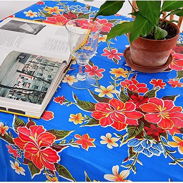 First Choice Vinyls Hibiscus Flowers Oilcloth Tablecloth for Patios, Picnic and Kitchen Tables - Blue and Red - Plastic Vinyl - Mantel de Plastic (55x90 Inch Rectangle)