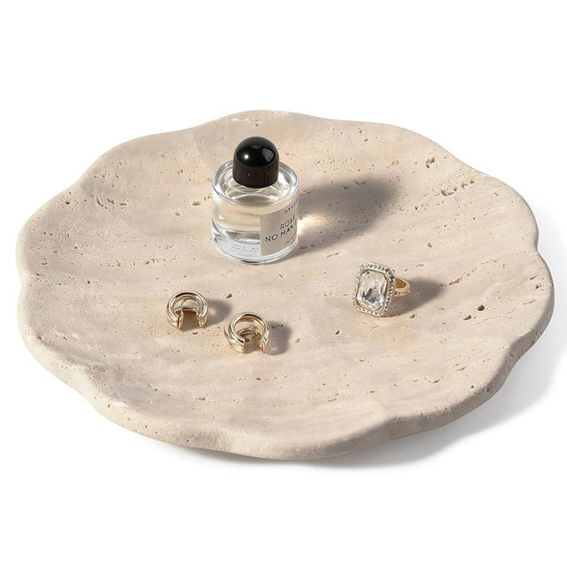 Koville Travertine Tray, 8" Round Marble Vanity Tray for Jewelry Trinket Perfume, Natural Stone Tray for Bathroom Kitchen Dresser Countertop, Scalloped Decorative Tray for Home Table Decor(Beige)