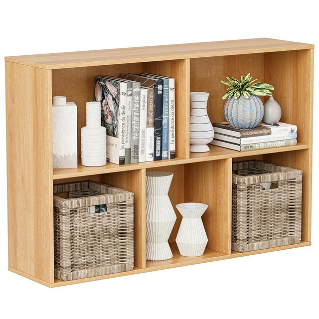 VDNEND Wooden Cube Storage Organizer with Closed Back Panel, 11in Cube Shelf Opening, Bookshelf, Display Shelf,Closet Cabinet for Home and Office (Natural Oak, 5-Cube 35.98L*9.45W*24.09H)