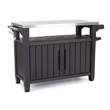 Keter Unity XL Portable Outdoor Table and Storage Cabinet with Accessory Hooks, Espresso Brown