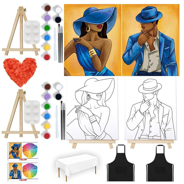 VALLSIP Paint and Sip Party Kit for Couples Date Night Painting Set with 2 Pre-Drawn Canvases 8 Acrylic Paints 6 Brushes & Apron Beginner Friendly Art Kit for Girls Night or Bachelorette Party