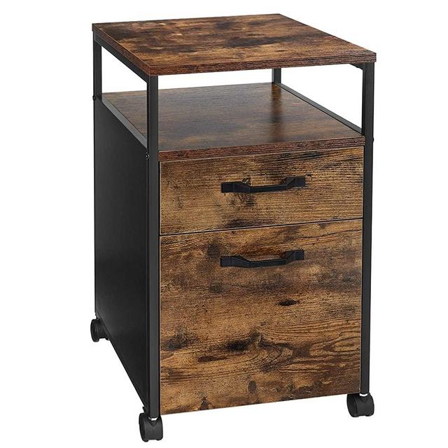 VASAGLE Rolling File Cabinet, Mobile Office Cabinet on Wheels, with 2 Drawers, Open Shelf, for A4, Letter Size, Hanging File Folders, Industrial Style, Rustic Brown and Black UOFC71X