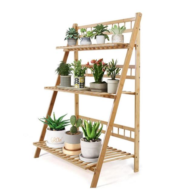 Bamboo Ladder Plant Stand 3 Tier Foldable Flower Pot Display Shelf Rack for Indoor Outdoor Home Garden Balcony Organizer Planter Holder