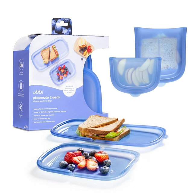 Ubbi Platemate Reusable Silicone Storage Bag, Opens Flat as Placemat, Dishwasher and Freezer-Safe, Lunch Container, Leakproof Sandwich & Snack Bag, Easy to Clean, BPA-Free, Polaris Blue