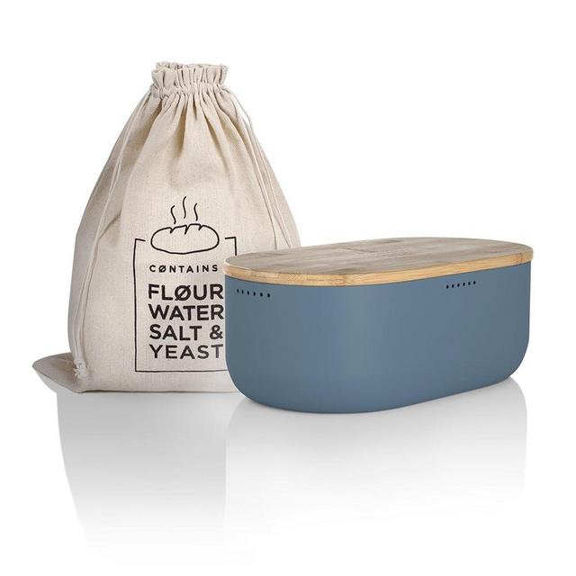 LARS NYSØM Bread Box I Metal bread box with linen bread bag for long lasting freshness I Bread box with bamboo lid usable as cutting board I 14.2x7.5x5.1 In (Blue Stone)