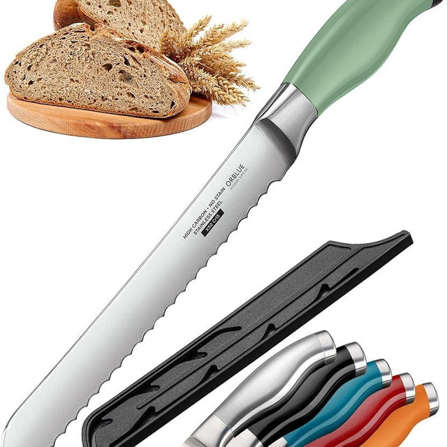 Orblue Serrated Bread Knife with Upgraded Stainless Steel Razor Sharp Wavy Edge Width - Bread Cutter Ideal for Slicing Homemade Bread, Bagels, Cake (8-Inch Blade with 5-Inch Handle) Green