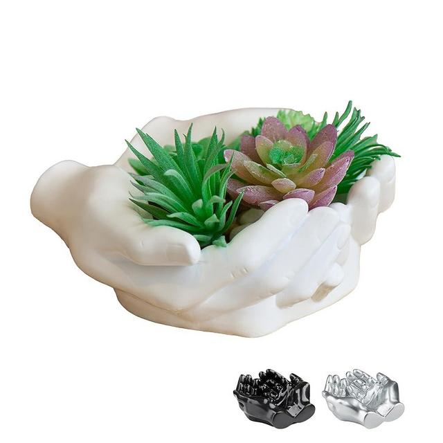 Tapeera Hand Shaped Succulent Planter Pot - Crystal Holder Display - Air Plant Holder Hand Planter - Giving Hands Sculpture Decor - Key Bowl Ring Dish Trinket Dish Candy Dish - Candle Holder (White)