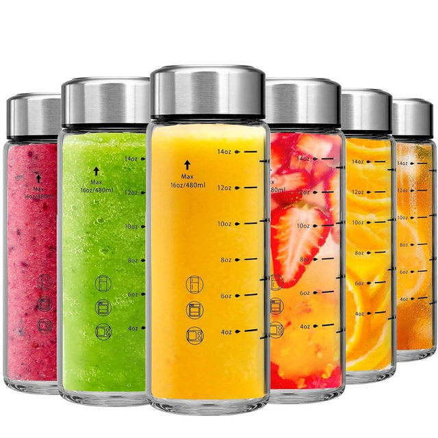 Glass Juice Bottles 6 Pack 16 oz - Wide Mouth Glass Water Bottles with Lids - Borosilicate,Stainless Steel Lids for Juicing, Smoothies, Infused Water, Beverage Storage, Leakproof, Reusable, BPA Free