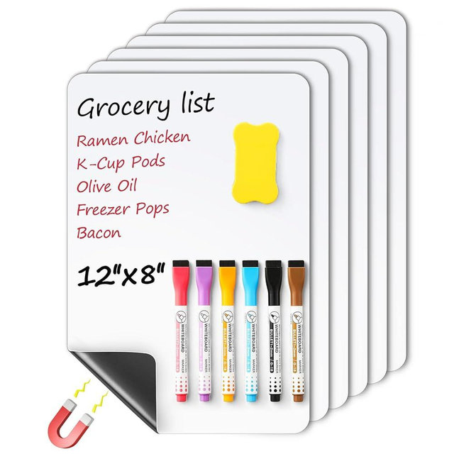 6 Pack Magnetic Dry Erase Board Sheet for Fridge, 12"x8" Erasable Refrigerator WhiteBoard w/ 6 Markers & 1 Eraser- Smooth and Flexible Small Magnet Blank Notepad for Home Kitchen Organizer and Planner