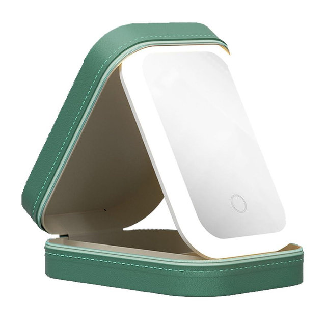 HILOST Travel Makeup Mirror, 2025 New Mini Makeup Mirror Case with Led Lights, Portable Compartment Makeup Organizer, Multipurpose Small Travel Jewelry Cases (Green)