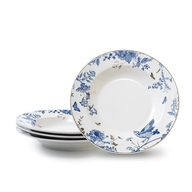 Soup and Pasta Bowls Set of 4,Ceramic Soup Bowls Dinner Bowls Plates Porcelain 9 inches Wide Rim Bowls Set Floral Dinnerware Set Pasta Plates Ideal Serving for Soup,Dessert,Noodle,Thanksgiving