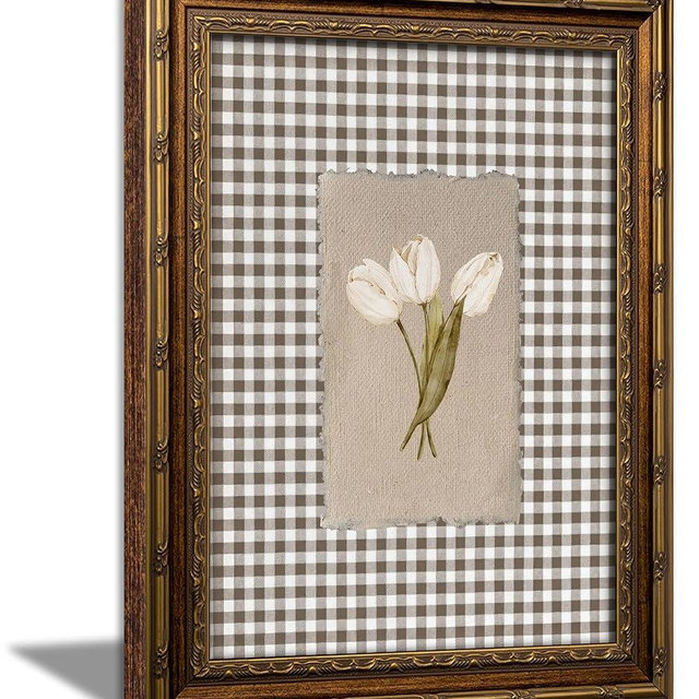 RLZIEWPT Vintage Gold Framed Wall Art, Cottagecore White Tulip Flowers Picture Wall Decor, Brown Gingham Botanical Print Artwork, Hook and Loop Tape Easy to Hang, for Living Room Bedroom, 9x11 in