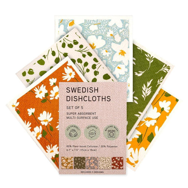 MosJos Swedish Dishcloths, Super Absorbent Multi-Surface Cleaning Cloths, Blue Floral Print, 80% Cellulose, 6.7x7.5 Inch, Set of 5 Designs