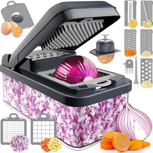 SpaceHacks 12-in-1 Vegetable Chopper, Kitchen Gadgets, Veggie Chopper, Food Chopper, Onion Chopper, Cucumber Slicer, Versatile Mandoline with 7 Blades, Includes Egg Separator & Finger Guard, Gray